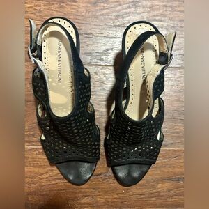 Adrienne Vittadini Black Suede Women's Shoes Size 6 Mesh, Peep toe, and wedge